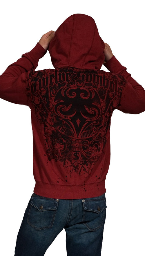  	Twelve Symbols Warriors Zip Up Tattoo Hoodie Sweatshirt Red 