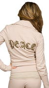 Twisted Heart Peace Gold Metal Stud Zip Up Sweatshirt Jacket Beige