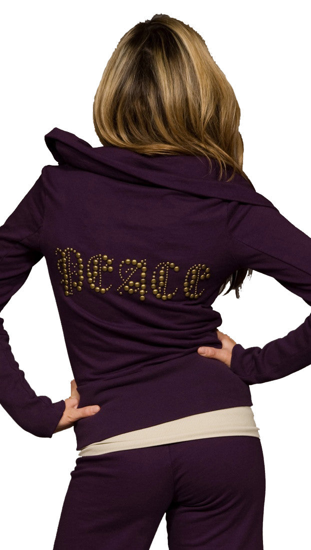 Twisted Heart Peace Gold Metal Stud Zip Up Sweatshirt Jacket Purple