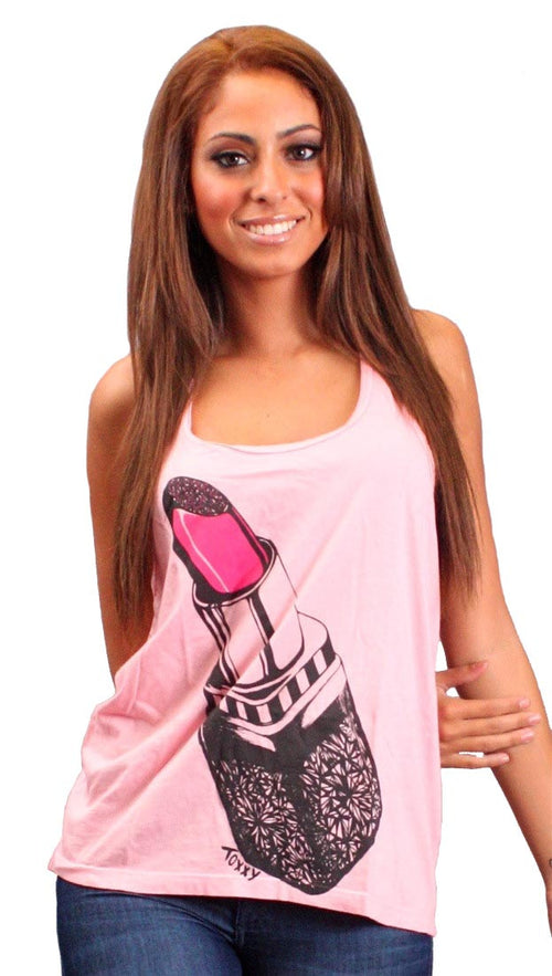 Toxxy Kiss Me Lipstick Racerback Tunic Tank Top in Pink