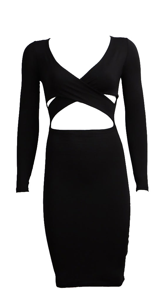 The Nadia Long Sleeve Cut Out Midi Dress Black - Pencil Skirt