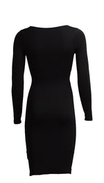 The Nadia Long Sleeve Cut Out Midi Dress Black - Pencil Skirt - V Neck