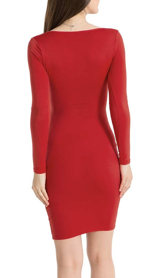 The Nadia Long Sleeve Cut Out Midi Dress Red - Pencil Skirt - V Neck