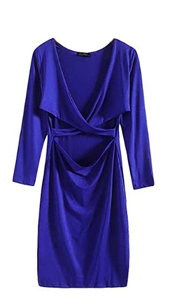 The Nadia Long Sleeve Cut Out Midi Dress Blue - Pencil Skirt - V Neck   ShopAA