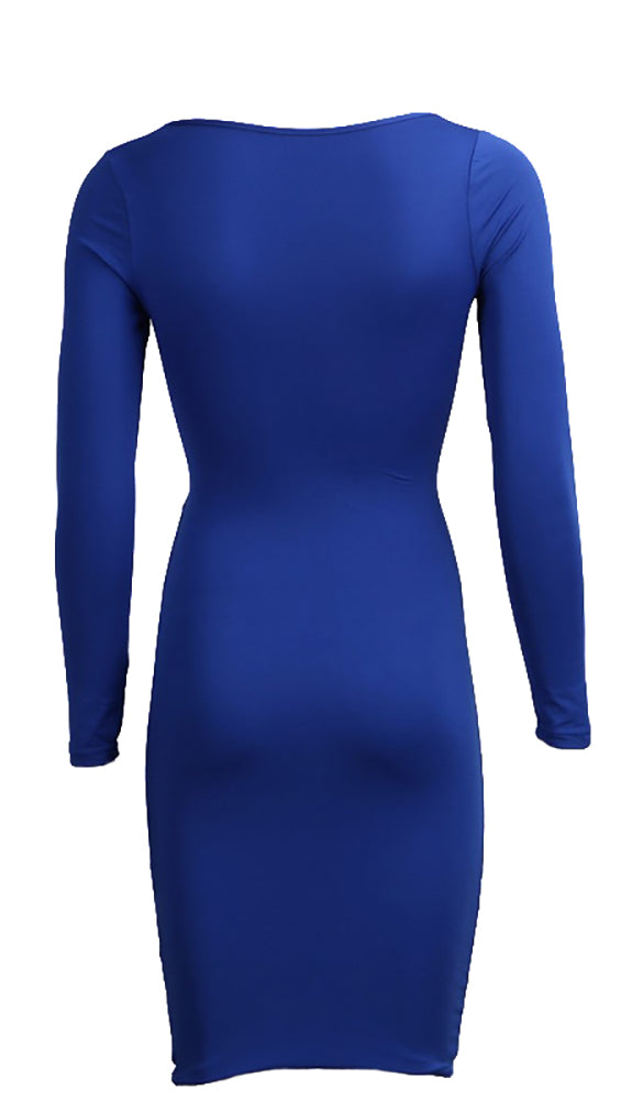 The Nadia Long Sleeve Cut Out Midi Dress Bright Cobalt Blue - Pencil Skirt - V Neck
