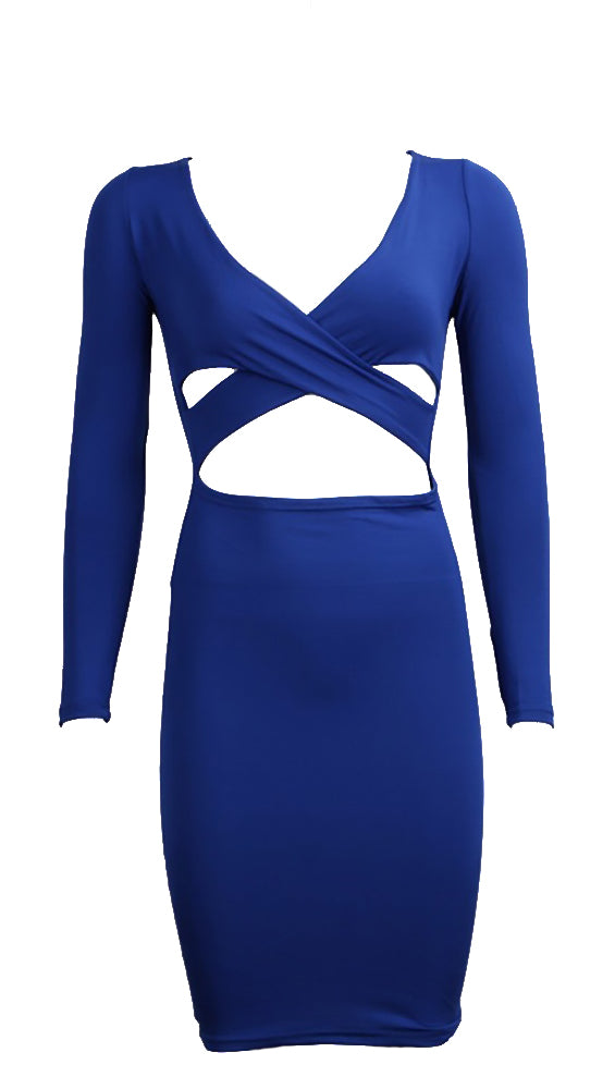 The Nadia Long Sleeve Cut Out Midi Dress Blue - Pencil Skirt