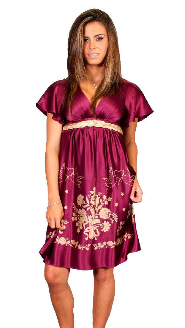 VAVA by Joy Voom Silk Babydoll Peace V Neck Dove Dress in Plum