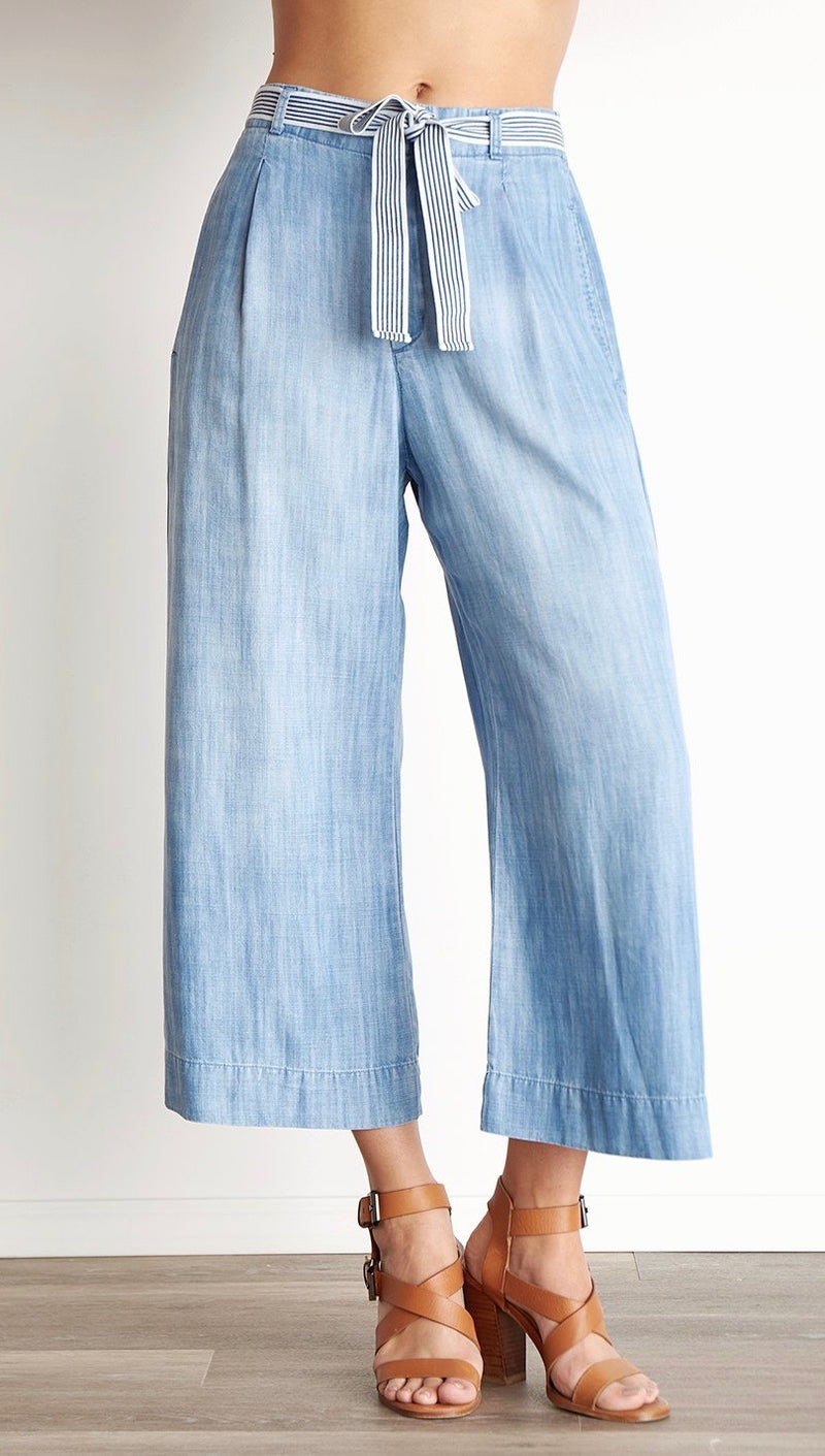 Bella Dahl Stripe Trim Belt Crop Wide Leg Denim Pants Silverlake Wash ShopAA
