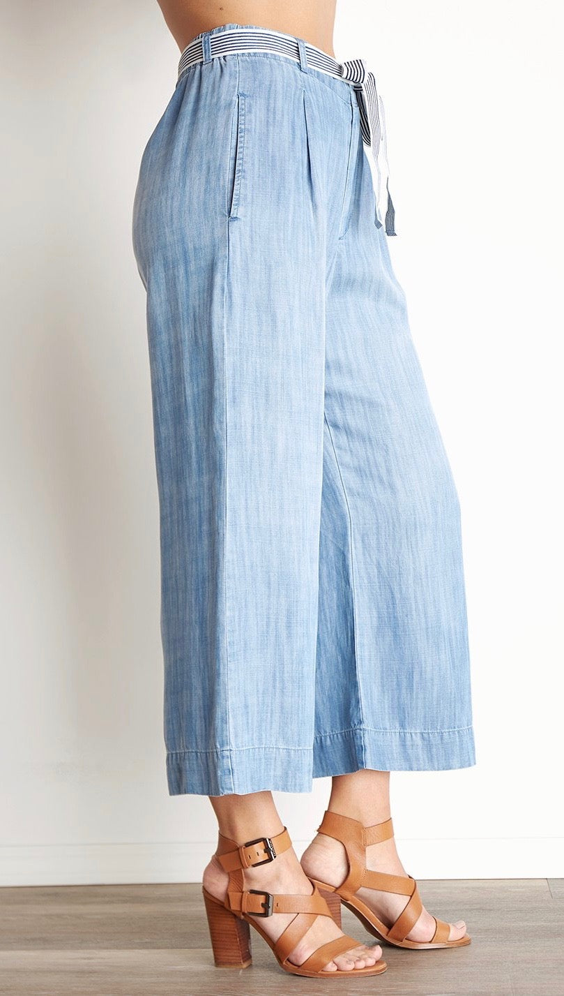 Bella Dahl Stripe Trim Belt Crop Wide Leg Denim Pants Silverlake Wash ShopAA