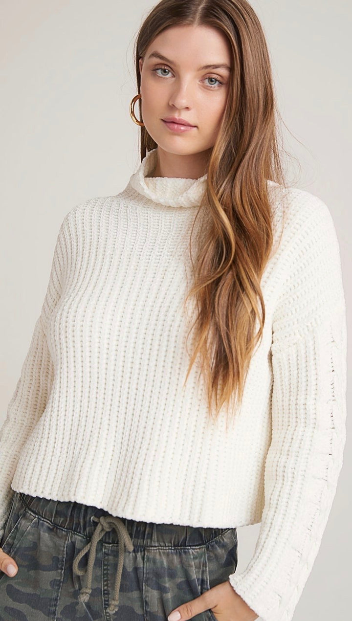 Bella Dahl Cable Sleeve Turtleneck Crop Sweater Winter White | ShopAA