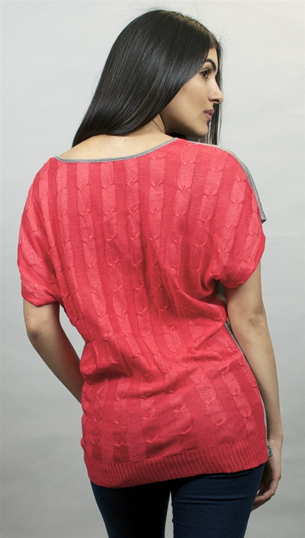 Woodleigh Cable Back V Knit Top in Silver & Orange