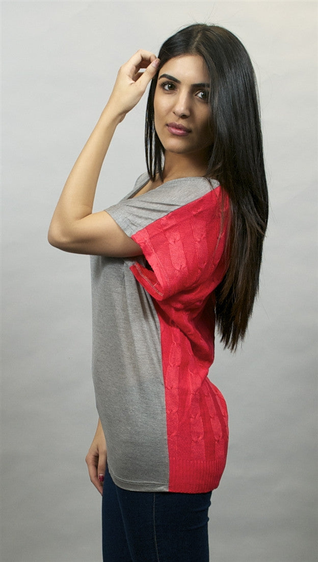 Woodleigh Cable Back V Knit Top in Silver & Orange