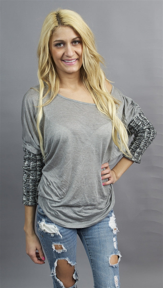 Woodleigh Crochet Sleeve Top in Heather Grey