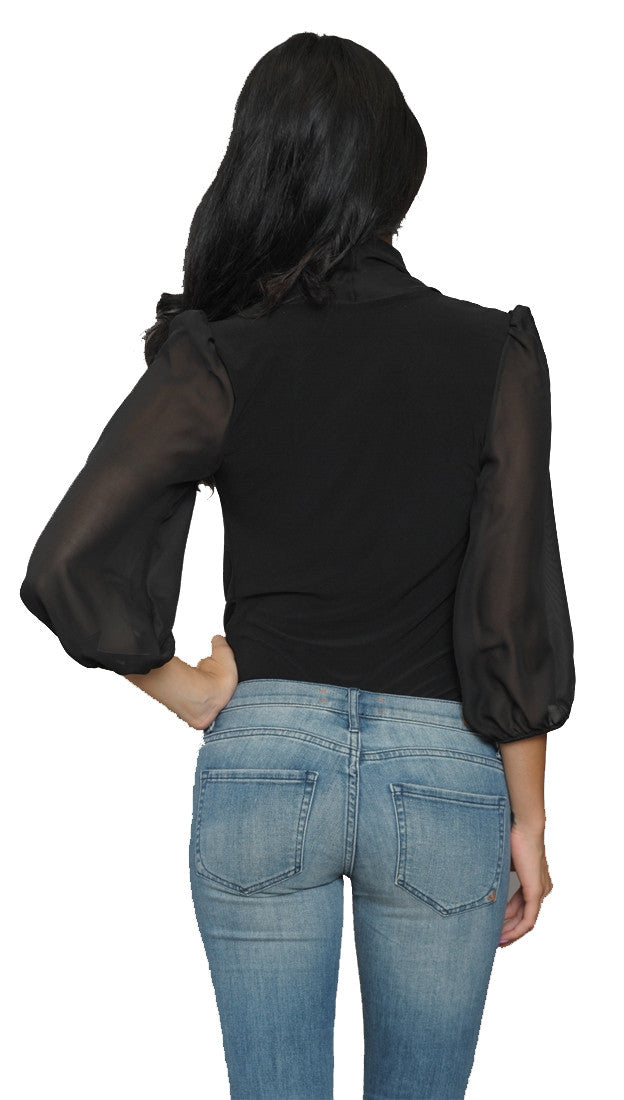 Cheryl Deep V Long Sleeve Bodysuit in Black