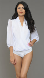 Cheryl Deep V Long Sleeve Bodysuit in White