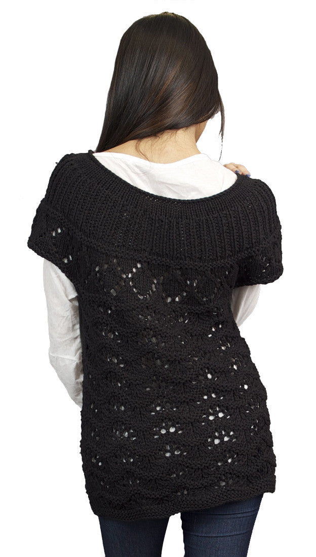 Button Down Short Sleeve Sweater Knit Cardigan in Black