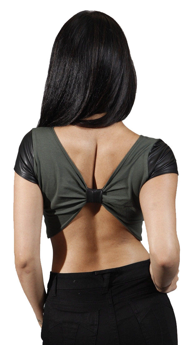 Cheryl Vegan Leather Shortstop Crop Tee in Olive