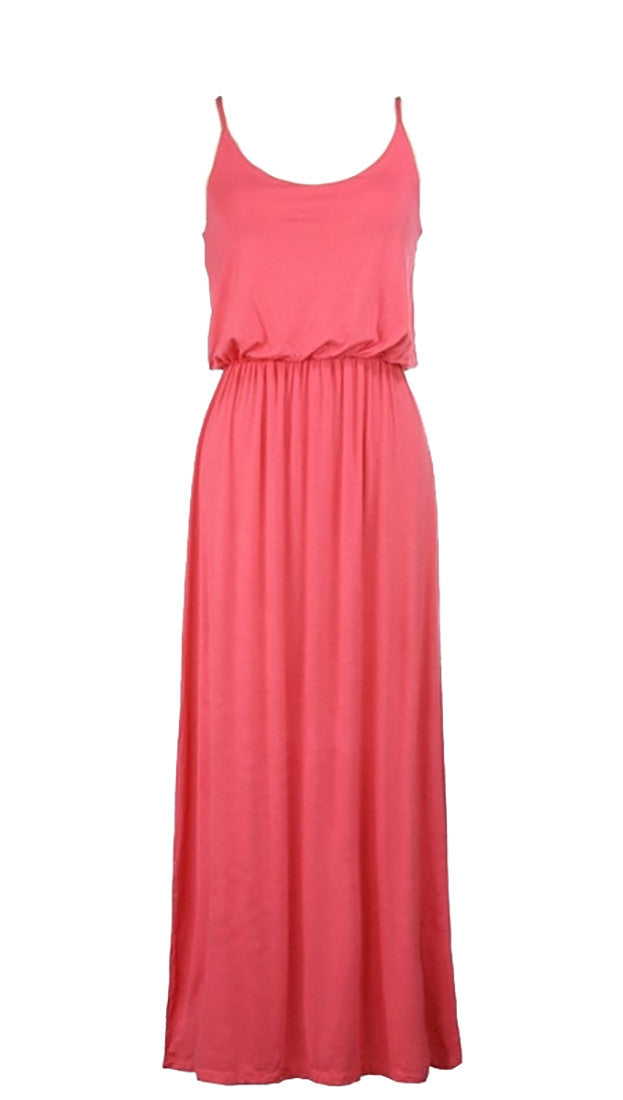 Elastic Waist Solid Maxi Tank Dress in Coral Summer Cover Up