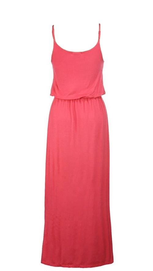 Elastic Waist Solid Maxi Tank Dress in Coral Summer Cover Up