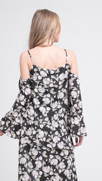 JOA Button Front Cold Shoulder Flare Top Black Floral ShopAA