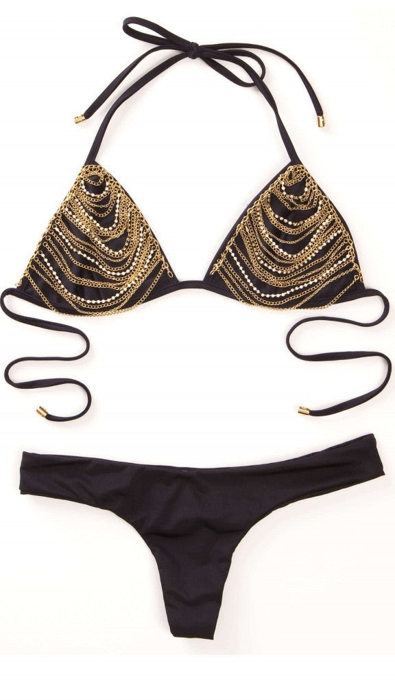 Chain Reaction Trianlge Bikini Top Black Beach Bunny Swimwear
