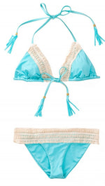 Crochet Lady Lace Triangle Bikini Set Aqua Blue by Beach Bunny Swimwear 