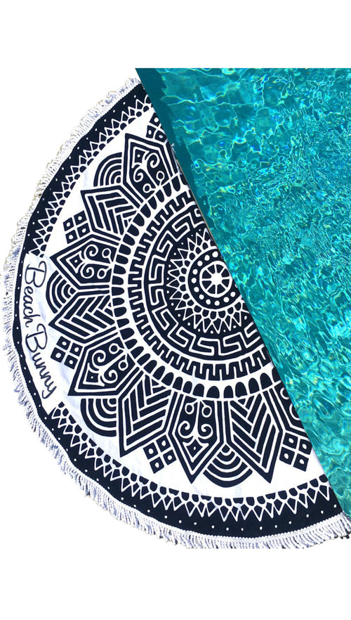 Beach Bunny Swimwear Round Circle Towel Black Tribal Fringe Logo
