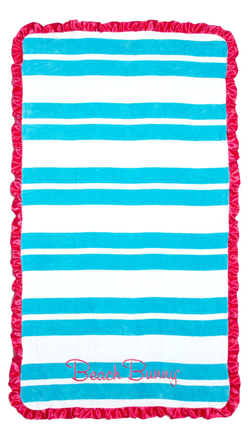 Beach Bunny Swimwear Cabana Stripe Beach Towel Pink Satin Ruffle