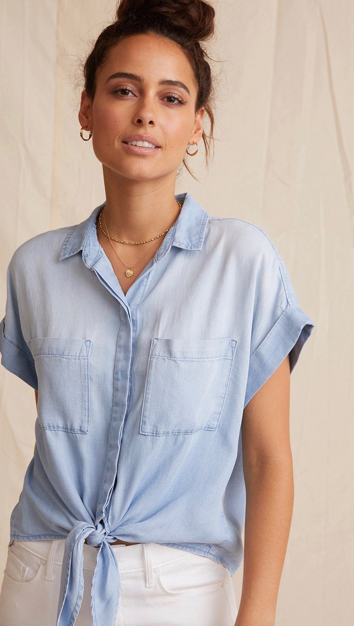 Bella Dahl Cap Sleeve Tie Front Sunbleach Wash Denim Button Down | ShopAA