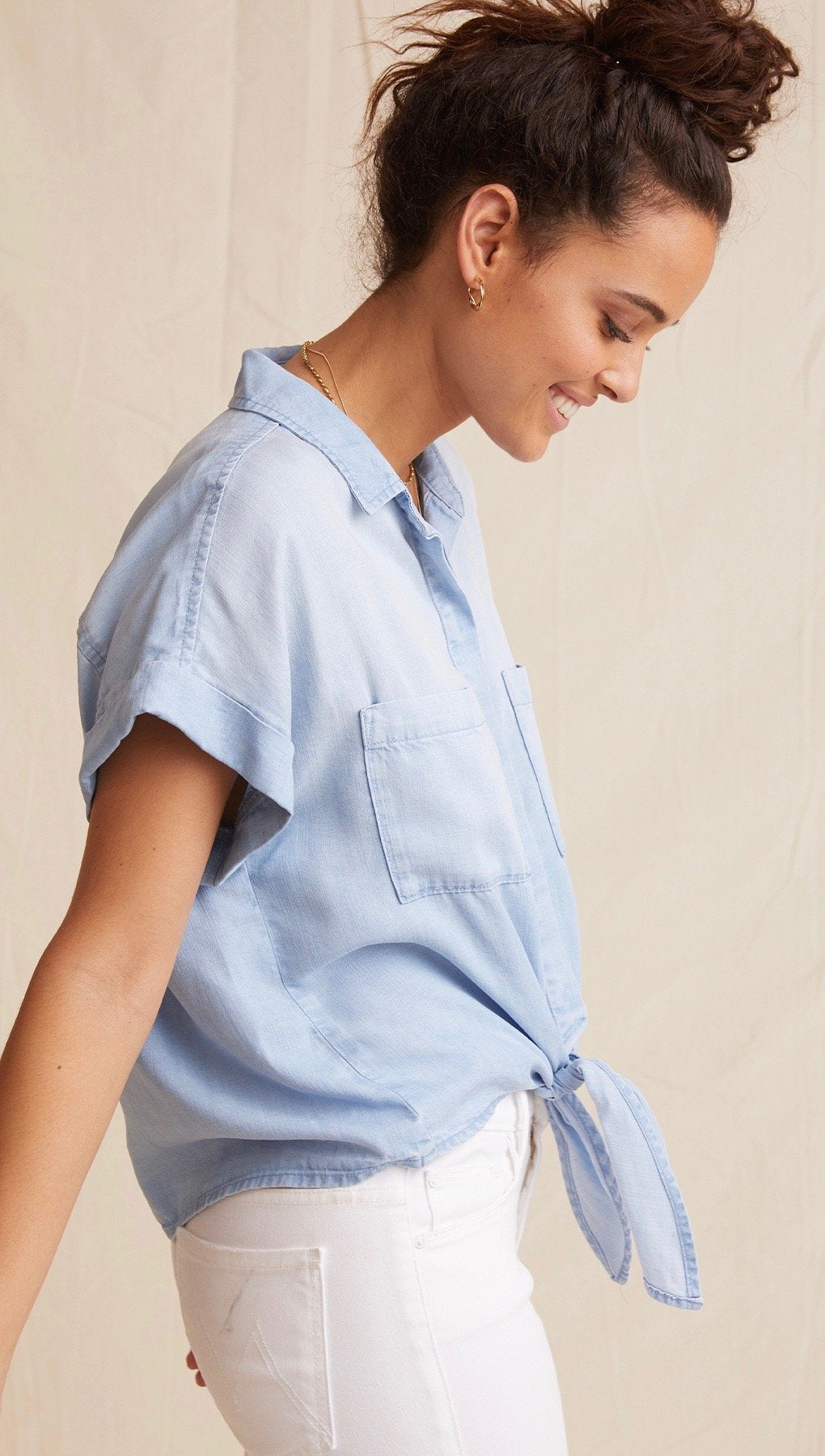 Bella Dahl Cap Sleeve Tie Front Sunbleach Wash Denim Button Down | ShopAA