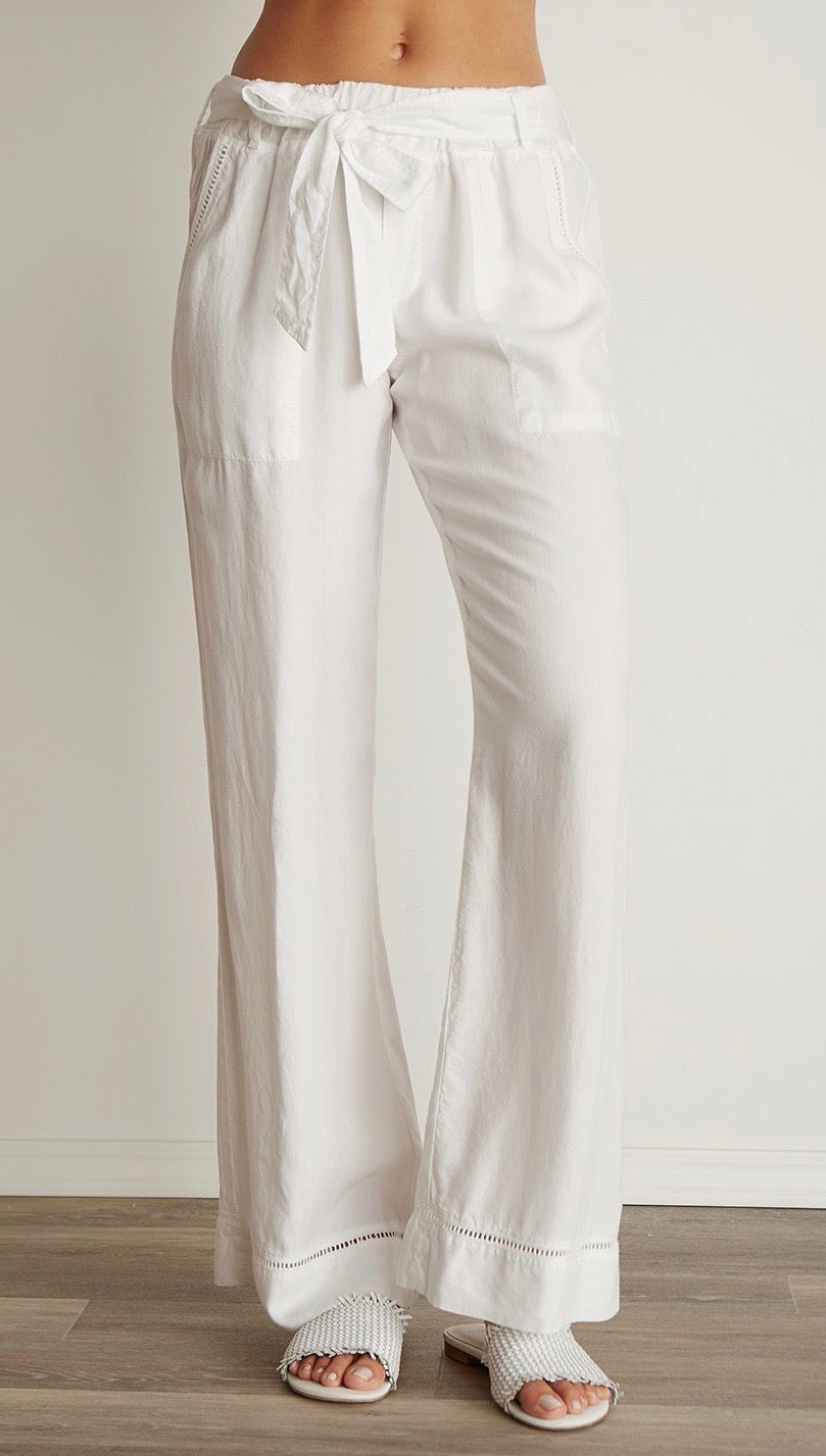 Bella Dahl Trimmed Belted Wide Leg Cargo Pants White Tencel Linen I ShopAA
