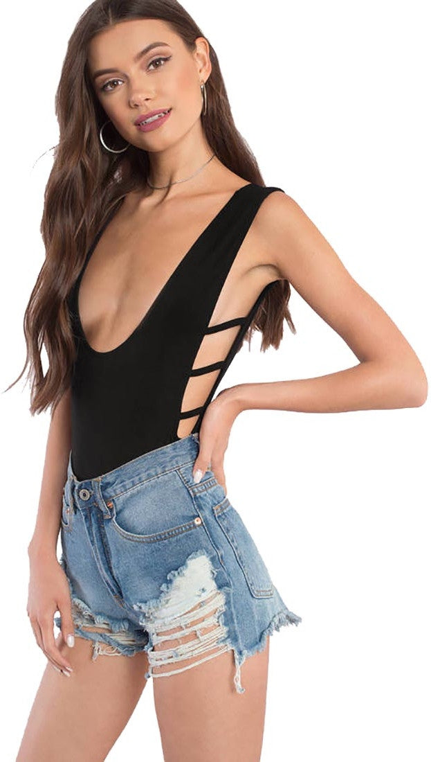 Mallory Deep Scoop Neck Bodysuit Lace Up Side Cut Outs Black