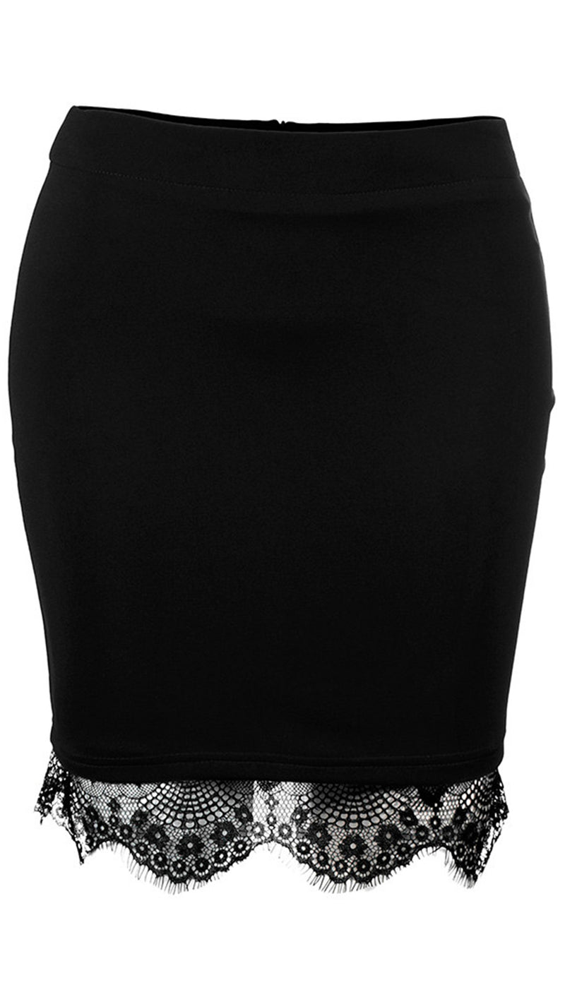 Black Red Scallop Lace Trim Mini Skirt - Fitted Pencil - ShopAA