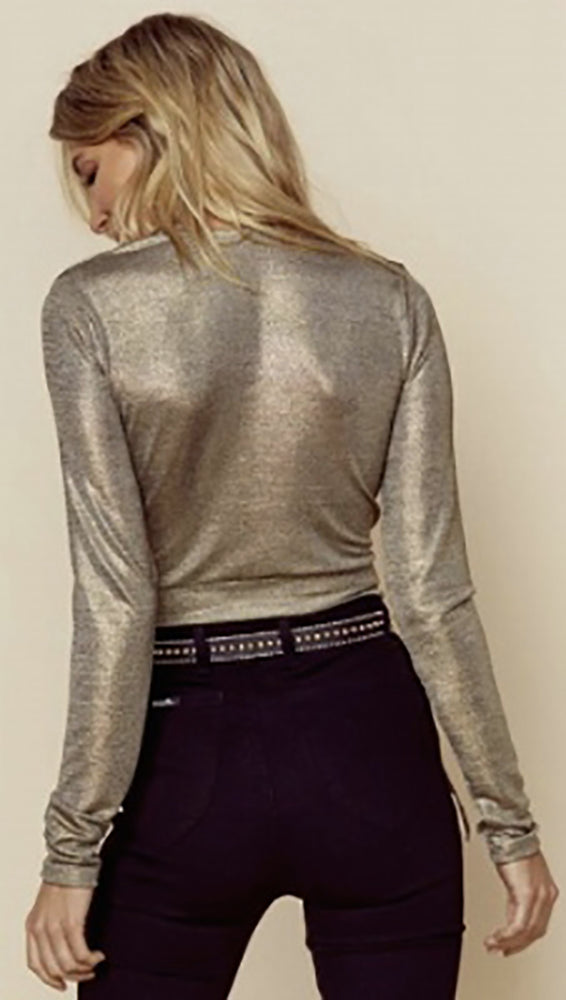 Blue Life Brigid V Neck Crop 70s Top Metallic Gold Long Sleeve | ShopAA