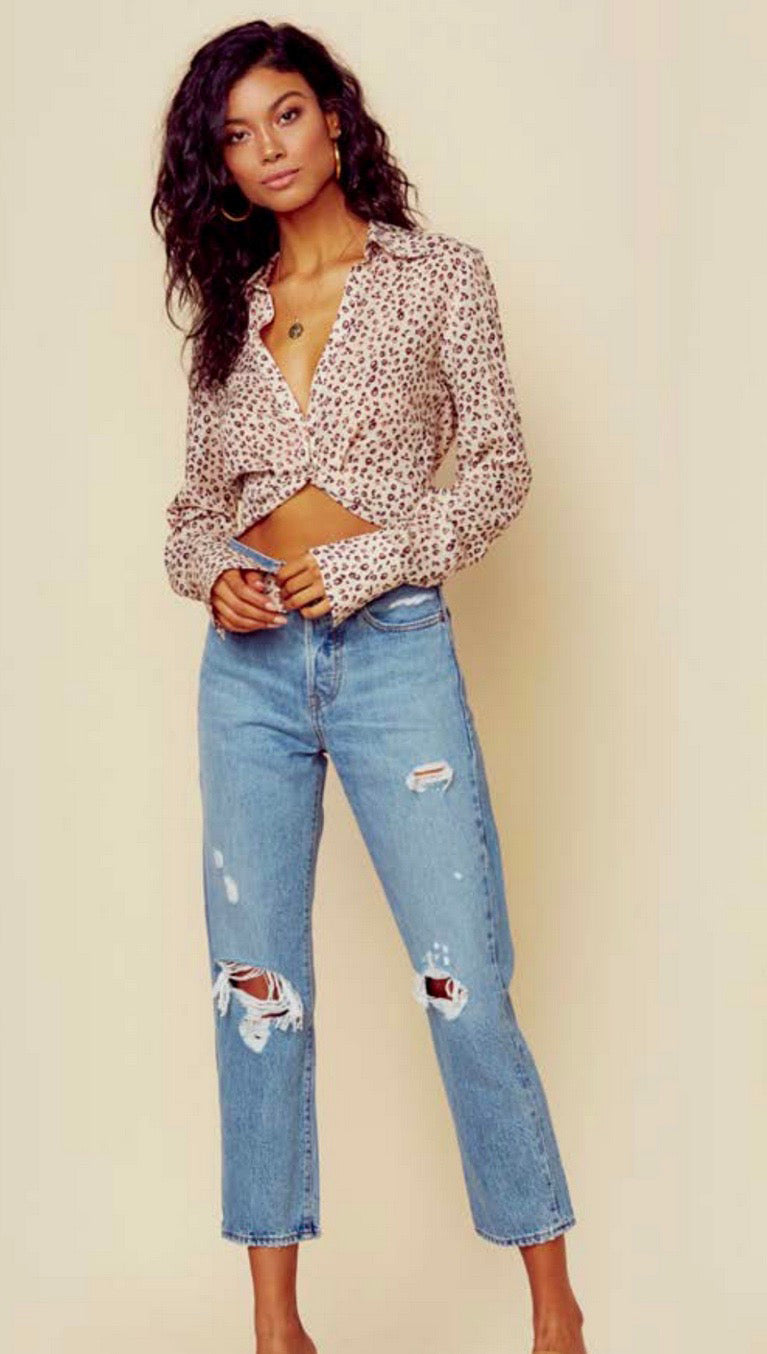 Blue Life Caden Crop Top V Neck Button Down Blouse Leopard Cream