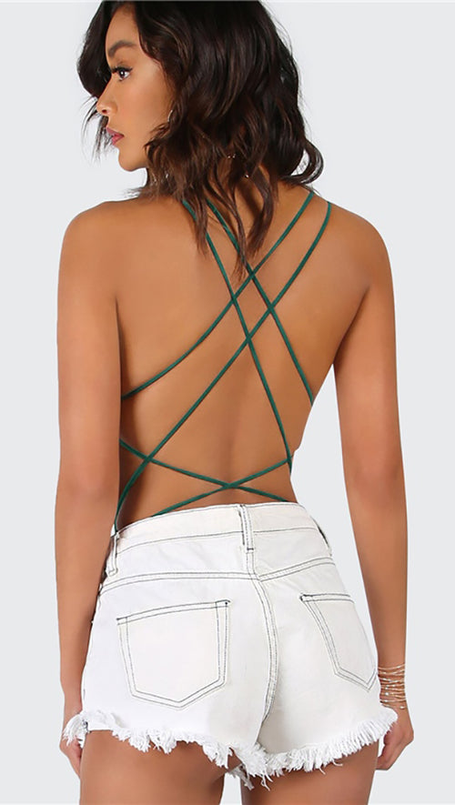 Chloe Strappy Open Back Bodysuit Forest Green Thong Sexy ShopAA