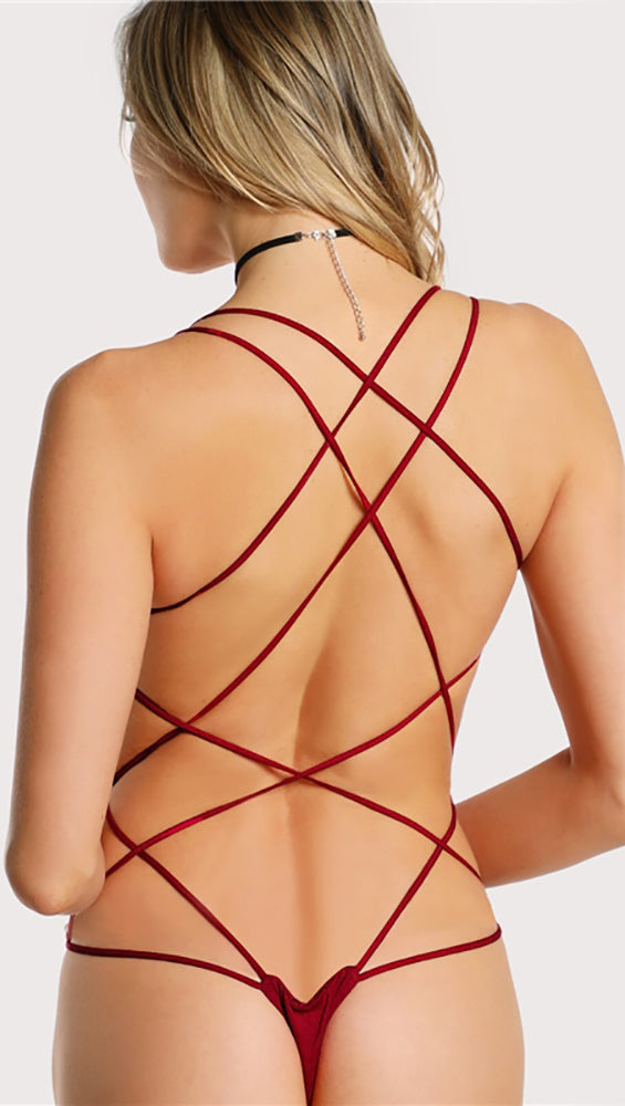 Chloe Strappy Open Back Bodysuit Cherry Red Thong Sexy ShopAA