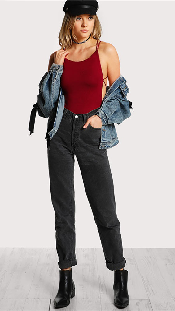 Chloe Strappy Open Back Bodysuit Cherry Red Thong Sexy ShopAA