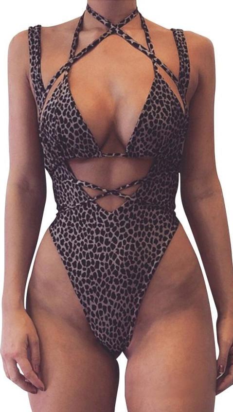 Portia Strappy Detail Suspender Monokini Brown Cheetah
