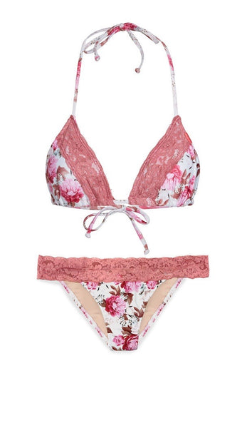 Ivory Pink Floral Print Mauve Lace Trim Bikini Chynna Dolls Swimwear ...
