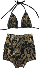 Black Gold Duchess Print High Waist Scrunch Bikini Chynna Dolls Swimwear