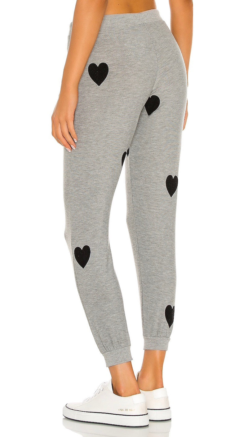Chaser Brand Flocked Heart Drawstring Cozy Knit Cuffed Jogger Pants Heather Grey