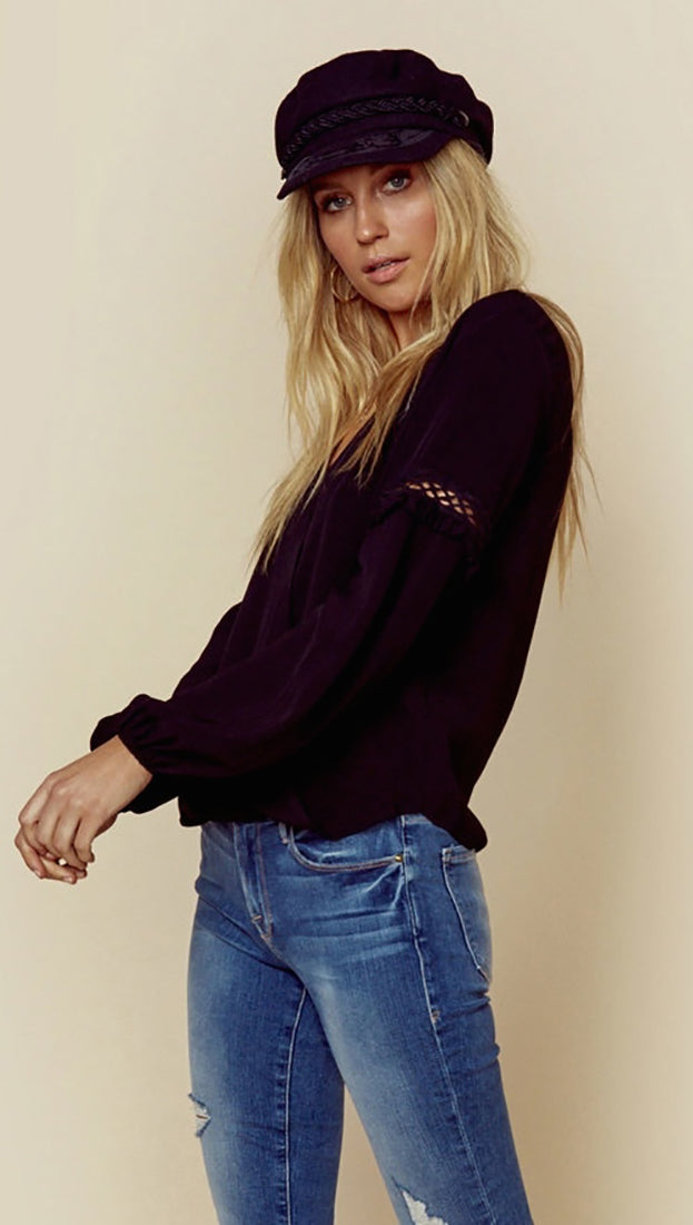 Blue Life Holly Top Black Chiffon Silk Blouse Balloon Sleeve V Neck 