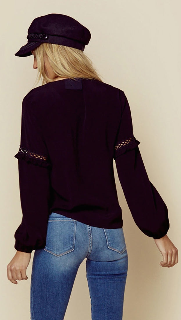 Blue Life Holly Top Black Chiffon Silk Blouse Balloon Sleeve V Neck 