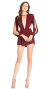 Chiffon Romper by Evenuel Long Sleeve Cut Out Slit Burgundy Red