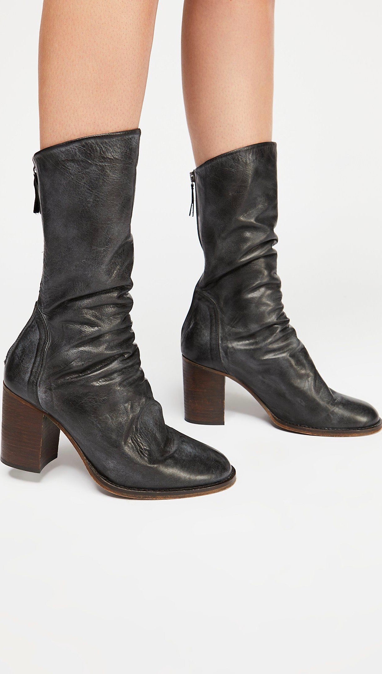 Free People Elle Block Heel Booties Black Leather Slouchy Shoes
