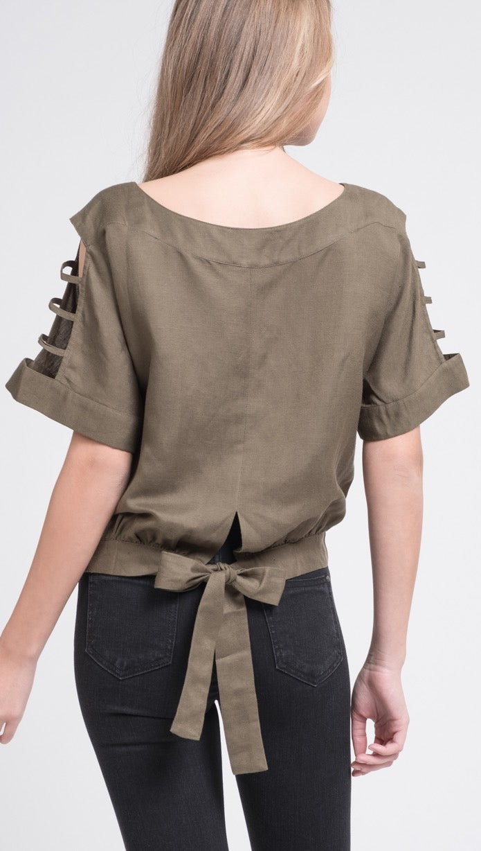 JOA Cut Out Sleeve Blouse Bow Boxy Top Olive Green J.O.A. SHOPAA