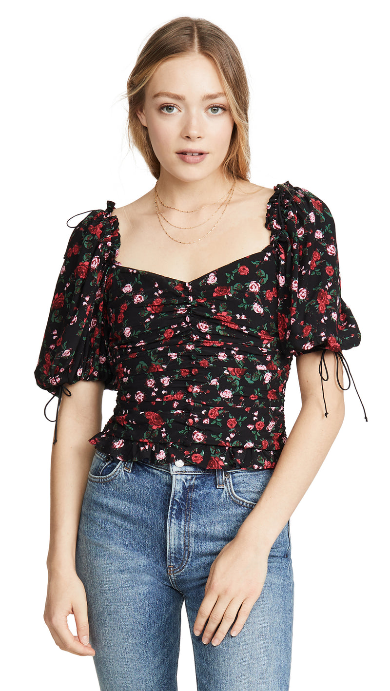 Lacey Button Front Corset Top in Ditsy Rose Black