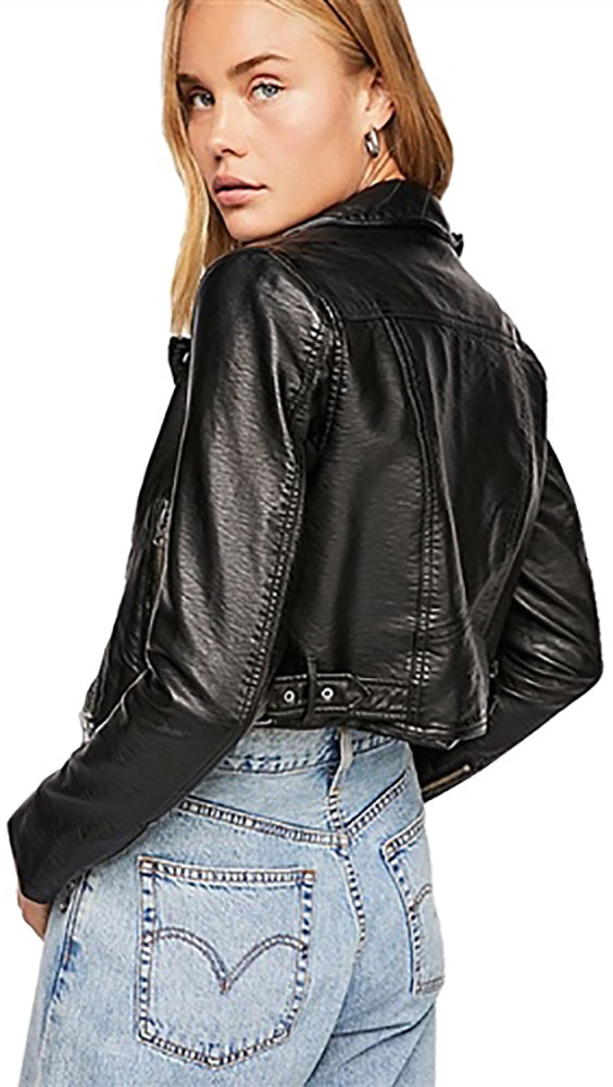 Free People Heartache Moto Jacket Black Vegan Leather Crop Biker