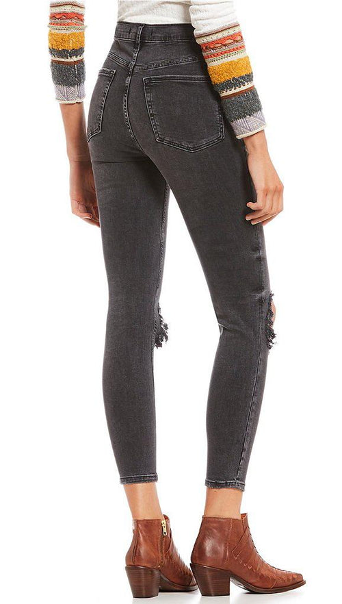 Free People High Rise Busted Knee Skinny Denim Jeans Charcoal Black ShopAA